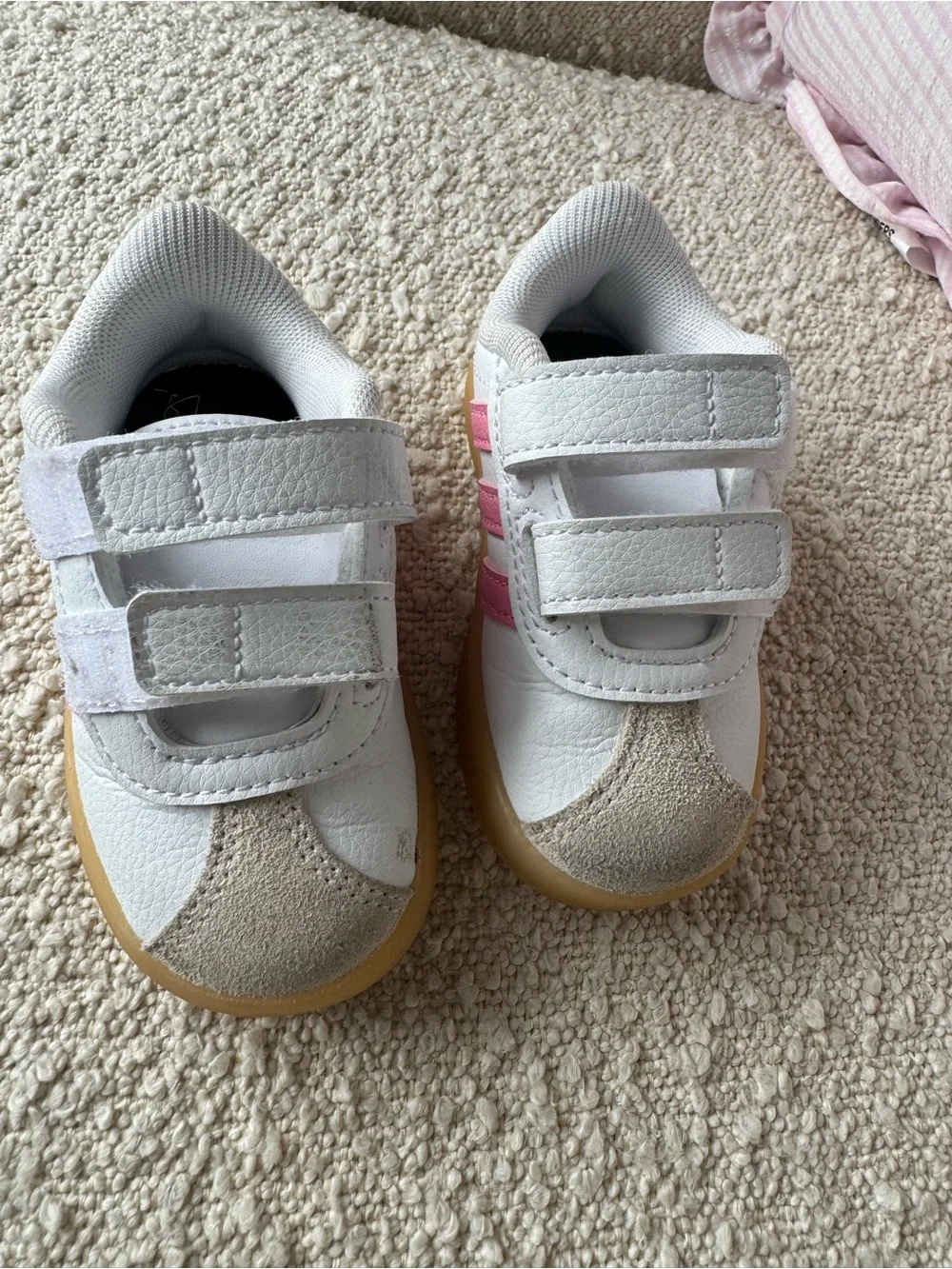 adidas White and Pink Baby Walker Sneakers with Gum Sole